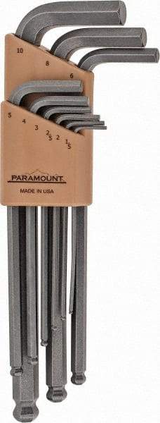 Paramount - 9 Piece L-Key Ball End Hex Key Set - Hex Range 1.5 to 10mm, 7-1/4" OAL, Steel - Exact Industrial Supply