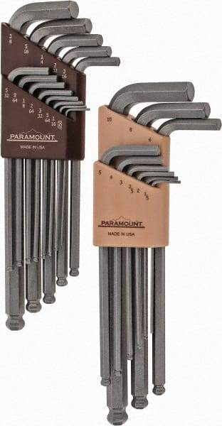 Paramount - 22 Piece L-Key Ball End Hex Key Set - Hex Range 0.05 to 3/8", 7-1/4" OAL, Steel - Exact Industrial Supply