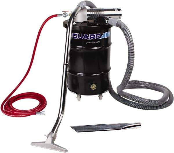 Guardair - 30 Gal Steel Tank, Air Powered Pneumatic Canister Wet/Dry Vacuum - 15 Peak hp, 20' Hose Fitting, Cartridge Filter, Accessories Included - Exact Industrial Supply