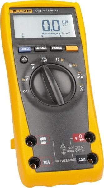 Fluke - 77-4, CAT IV, CAT III, 1,000 VAC/VDC, Digital Auto Ranging Average Responding Manual Ranging Multimeter - 50 mOhm, Measures Voltage, Capacitance, Current, Frequency, Resistance - Exact Industrial Supply