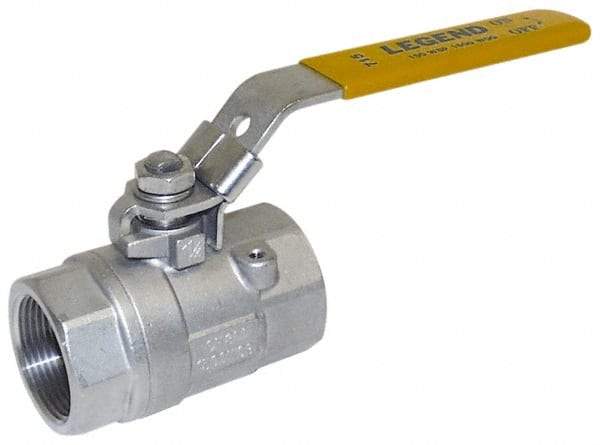 Legend Valve - 1-1/2" Pipe, Large Port, Stainless Steel Standard Ball Valve - 2 Piece, Inline - One Way Flow, FNPT x FNPT Ends, Locking Lever Handle, 1,500 WOG, 150 WSP - Exact Industrial Supply