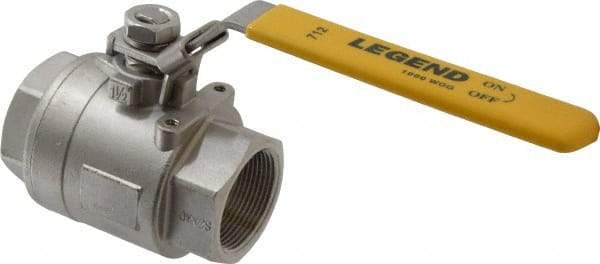 Legend Valve - 1-1/2" Pipe, Full Port, Stainless Steel Standard Ball Valve - 2 Piece, Inline - One Way Flow, FNPT x FNPT Ends, Locking Lever Handle, 1,000 WOG, 150 WSP - Exact Industrial Supply