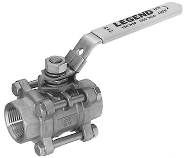 Legend Valve - 1/4" Pipe, Full Port, Stainless Steel Standard Ball Valve - 3 Piece, Inline - One Way Flow, FNPT x FNPT Ends, Locking Lever Handle, 1,000 WOG, 150 WSP - Exact Industrial Supply