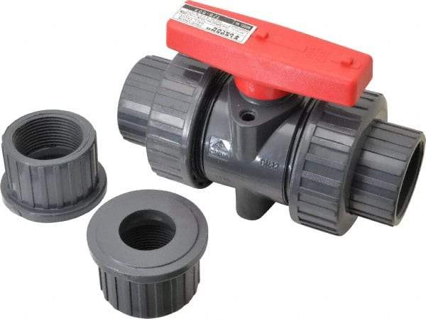 Legend Valve - 1-1/4" Pipe, Full Port, PVC True Union Design Ball Valve - Inline - One Way Flow, FNPT x Solvent Ends, Tee Handle, 150 WOG - Exact Industrial Supply