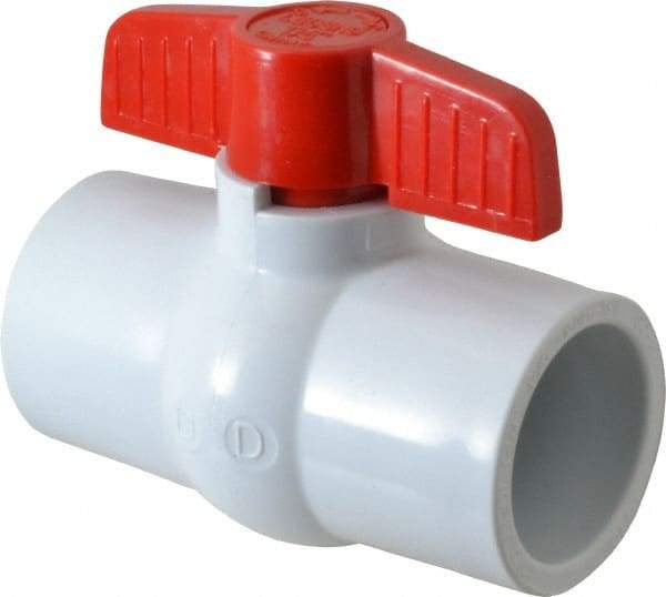Legend Valve - 1-1/4" Pipe, Full Port, PVC Miniature Ball Valve - Inline - One Way Flow, Solvent x Solvent Ends, Tee Handle, 150 WOG - Exact Industrial Supply