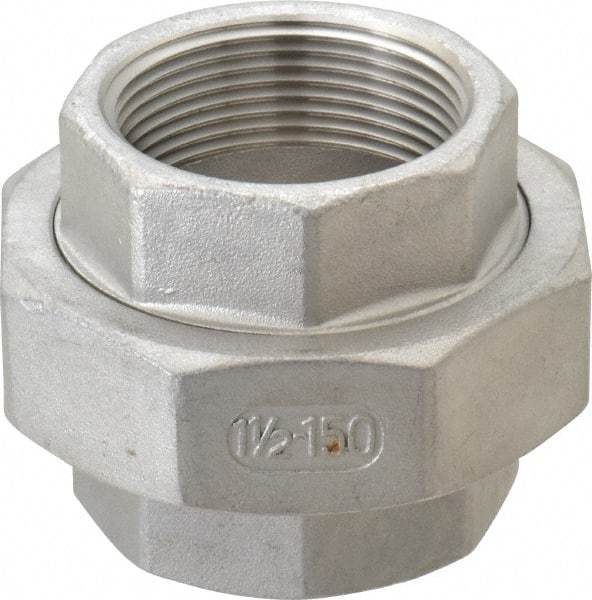 Merit Brass - 1-1/2" Grade 304 Stainless Steel Pipe Union - FNPT x FNPT End Connections, 150 psi - Exact Industrial Supply