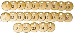 Value Collection - 1-1/2" High x 1-1/2" Long, 1 to 25, English Safety & Facility Numbered Tag - 1 Side, Brass - Exact Industrial Supply