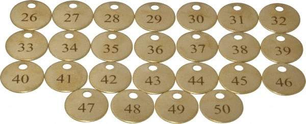 Value Collection - 1" High x 1" Long, 26 to 50, English Safety & Facility Numbered Tag - 1 Side, Brass - Exact Industrial Supply