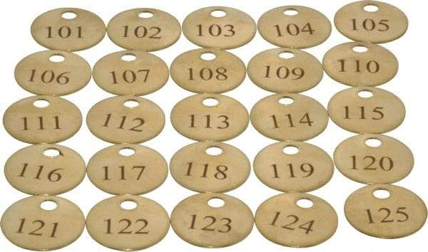 Value Collection - 1" High x 1" Long, 101 to 125, English Safety & Facility Numbered Tag - 1 Side, Brass - Exact Industrial Supply