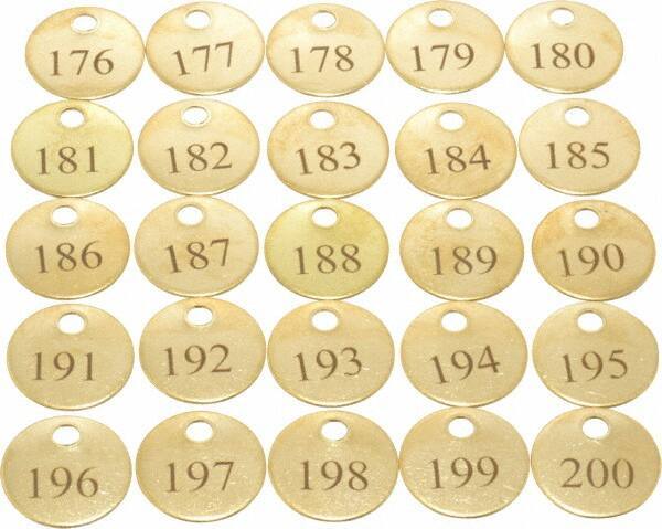 Value Collection - 1" High x 1" Long, 176 to 200, English Safety & Facility Numbered Tag - 1 Side, Brass - Exact Industrial Supply