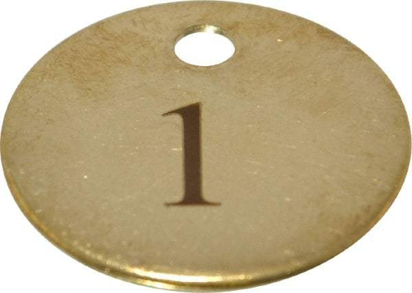 Value Collection - 1-1/4" High x 1-1/4" Long, 1 to 25, English Safety & Facility Numbered Tag - 1 Side, Brass - Exact Industrial Supply