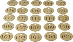 Value Collection - 1-1/4" High x 1-1/4" Long, 101 to 125, English Safety & Facility Numbered Tag - 1 Side, Brass - Exact Industrial Supply