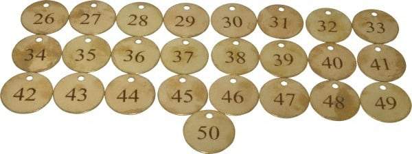 Value Collection - 1-1/2" High x 1-1/2" Long, 26 to 50, English Safety & Facility Numbered Tag - 1 Side, Brass - Exact Industrial Supply