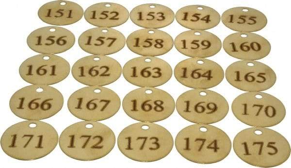 Value Collection - 1-1/2" High x 1-1/2" Long, 151 to 175, English Safety & Facility Numbered Tag - 1 Side, Brass - Exact Industrial Supply