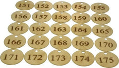 Value Collection - 1-1/2" High x 1-1/2" Long, 151 to 175, English Safety & Facility Numbered Tag - 1 Side, Brass - Exact Industrial Supply