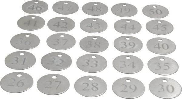 Value Collection - 1-1/4" High x 1-1/4" Long, 26 to 50, English Safety & Facility Numbered Tag - 1 Side, Aluminum - Exact Industrial Supply
