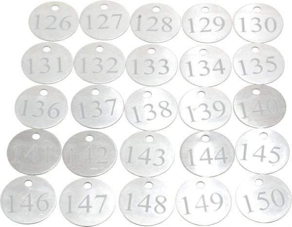 Value Collection - 1-1/4" High x 1-1/4" Long, 126 to 150, English Safety & Facility Numbered Tag - 1 Side, Aluminum - Exact Industrial Supply