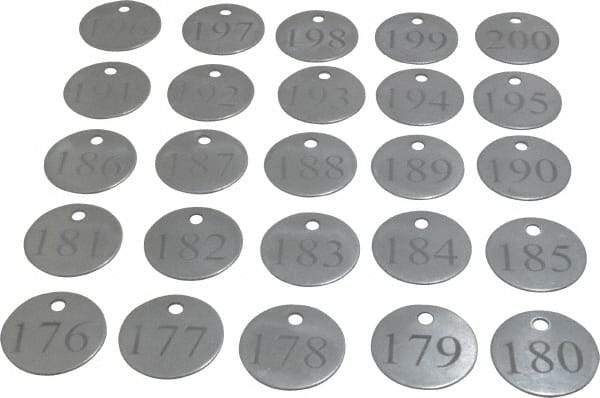 Value Collection - 1-1/4" High x 1-1/4" Long, 176 to 200, English Safety & Facility Numbered Tag - 1 Side, Aluminum - Exact Industrial Supply