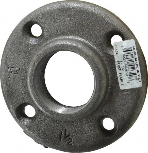 Made in USA - 1-1/2" Pipe, 4-1/2" OD, 7/8" Hub Length, Black Floor Pipe Flange - 3-1/2" Across Bolt Hole Centers, 5/16" Bolt Hole, 150 psi, Class 150 - Exact Industrial Supply
