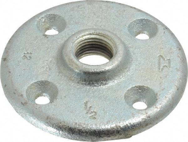 Made in USA - 1/2" Pipe, 3-1/2" OD, 5/8" Hub Length, Galvanized Floor Pipe Flange - 2-1/2" Across Bolt Hole Centers, 1/4" Bolt Hole, 150 psi, Class 150 - Exact Industrial Supply