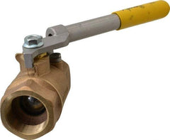 Apollo - 1-1/2" Pipe, Bronze Standard Ball Valve - 2 Piece, Inline - One Way Flow, FNPT x FNPT Ends, Deadman Lever (Spring Return to Close) Handle, 600 WOG, 150 WSP - Exact Industrial Supply