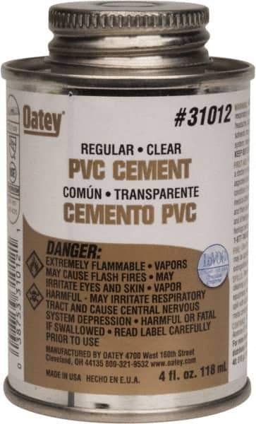 Oatey - 4 oz Regular Bodied Cement - Clear, Use with Schedule 40 PVC up to 4" Diam & Schedule 80 PVC up to 2" Diam - Exact Industrial Supply