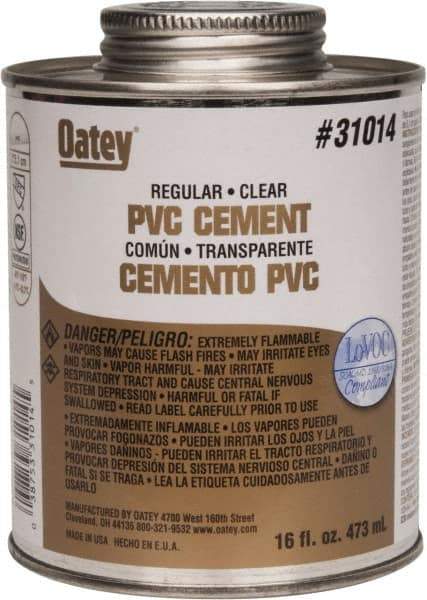 Oatey - 16 oz Regular Bodied Cement - Clear, Use with Schedule 40 PVC up to 4" Diam & Schedule 80 PVC up to 2" Diam - Exact Industrial Supply