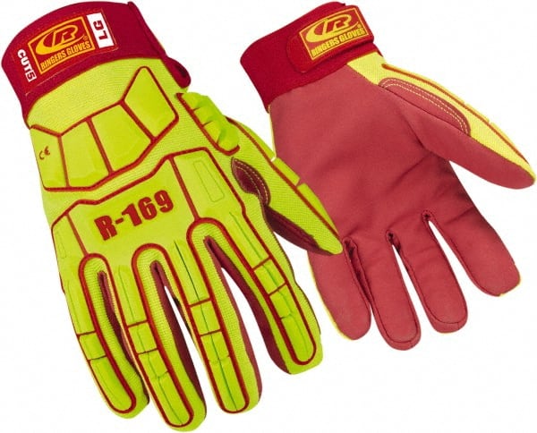 Cut & Abrasion-Resistant Gloves: Size XL, ANSI Cut A5, Leather Red & Yellow, 9″ OAL, Thermoplastic Elastomer Back, ANSI Abrasion 4