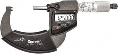 Starrett - 1 to 2" Range, Standard Throat IP67 Electronic Outside Micrometer - Ratchet Stop Thimble, Carbide Face, CR2032 Battery - Exact Industrial Supply