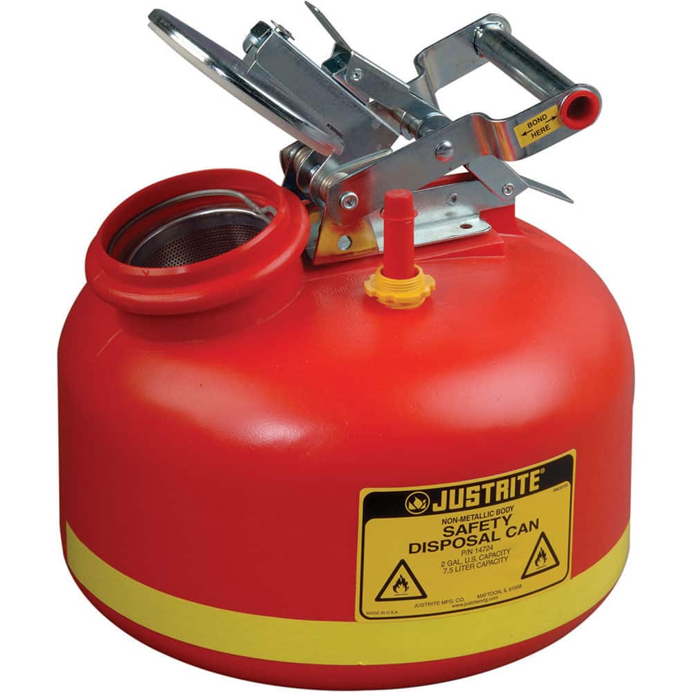 Justrite - Safety Disposal Cans; Capacity (Gal.): 2.000 ; Material: HDPE ; Color: Red ; Height (Inch): 14-3/4 ; Diameter (Inch): 12 - Exact Industrial Supply