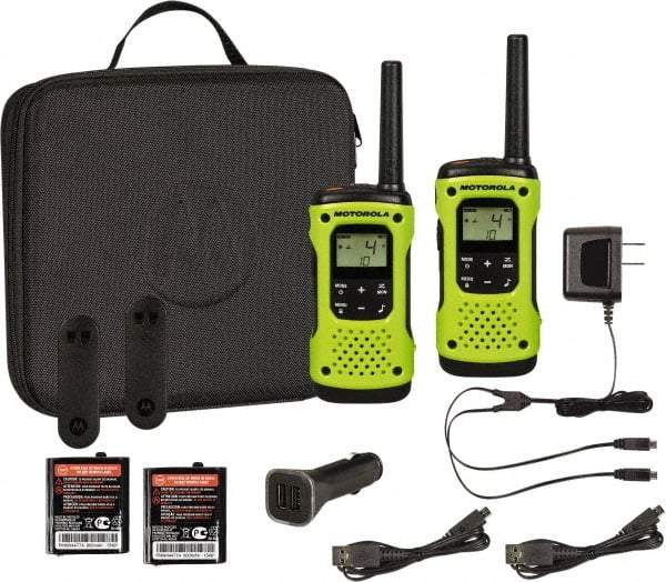 Motorola - 16 Mile Range, 22 Channel, 0.5 & 1.5 Watt, Series Talkabout, Recreational Two Way Radio - FRS/GMRS Band, 462.55 to 467.7125 Hz, AA & NiMH Battery, 9 NiMH & 23 AA hr Life, 9.65" High x 9.21" Wide x 2.83" Deep, Scanning, Low Battery Alerts - Exact Industrial Supply