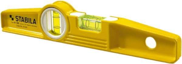 Stabila - 10" Long 2 Vial Torpedo Level - Die Cast, Yellow, 1 Plumb & 1 Level Vial - Exact Industrial Supply