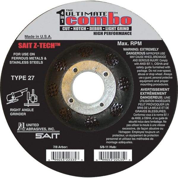 Sait - 5" Wheel Diam, 7/8" Arbor Hole, Type 27 Depressed Center Wheel - Extra Coarse Grade, Zirconia Alumina, S Hardness, 12,200 Max RPM - Exact Industrial Supply