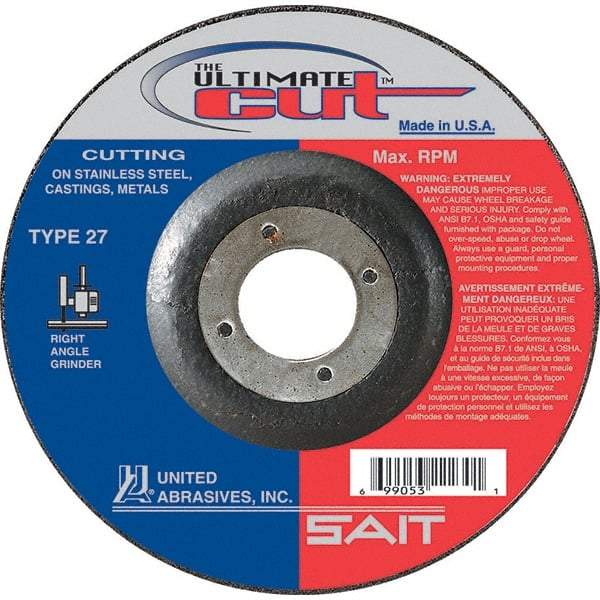 Sait - 5" Wheel Diam, 7/8" Arbor Hole, Type 27 Depressed Center Wheel - Extra Coarse Grade, Zirconia Alumina, S Hardness, 12,200 Max RPM - Exact Industrial Supply