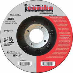 Sait - 60 Grit, 4-1/2" Wheel Diam, 7/8" Arbor Hole, Type 27 Depressed Center Wheel - Extra Coarse Grade, Aluminum Oxide, S Hardness, 13,300 Max RPM - Exact Industrial Supply