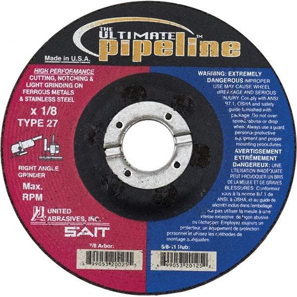 Sait - 4-1/2" Wheel Diam, 1/8" Wheel Thickness, 7/8" Arbor Hole, Type 27 Depressed Center Wheel - Extra Coarse Grade, Zirconia Alumina, T Hardness, 13,300 Max RPM - Exact Industrial Supply