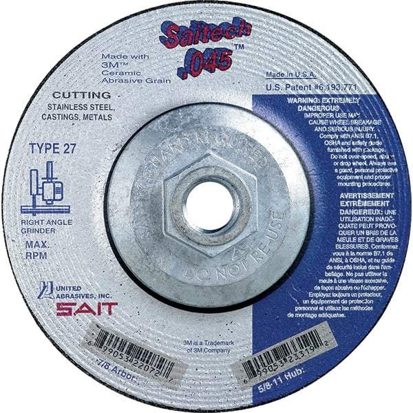 Sait - 5" Wheel Diam, Type 27 Depressed Center Wheel - Extra Coarse Grade, Ceramic, S Hardness, 12,200 Max RPM - Exact Industrial Supply
