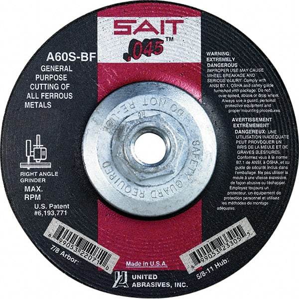 Sait - 60 Grit, 5" Wheel Diam, Type 27 Depressed Center Wheel - Extra Coarse Grade, Aluminum Oxide, S Hardness, 12,200 Max RPM - Exact Industrial Supply