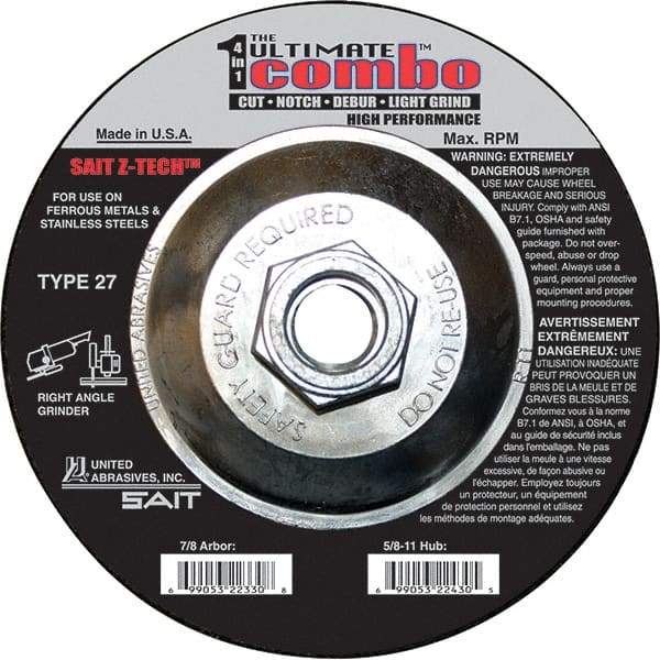 Sait - 4-1/2" Wheel Diam, Type 27 Depressed Center Wheel - Extra Coarse Grade, Zirconia Alumina, S Hardness, 13,300 Max RPM - Exact Industrial Supply