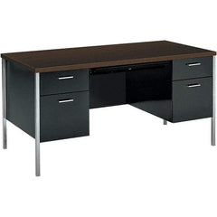 Hon - Woodgrain Laminate Double Pedestal Desk with Center Drawer - 60" Wide x 30" Deep x 29-1/2" High, Mocha/Black - Exact Industrial Supply