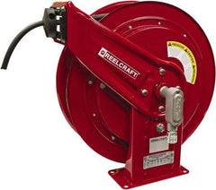 Reelcraft - 12 AWG, 100' Cable Length, Cord & Cable Reel with Flying Lead End - 0 Outlets, 16 Amps, 600 Volts, SEOOW Cable, Red Reel, Spring Driven Reel - Exact Industrial Supply