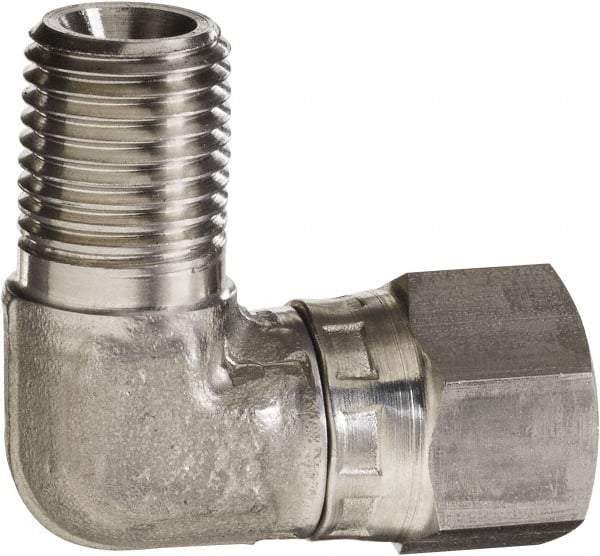 Made in USA - 1/4 x 3/8" Grade 316 Stainless Steel Pipe 90° Elbow - MNPT x NPSM Swivel End Connections, 5,000 psi - Exact Industrial Supply