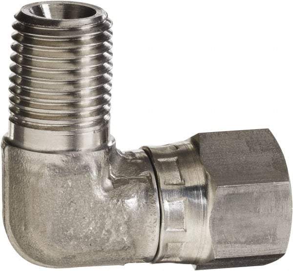 Made in USA - 3/8" Grade 316 Stainless Steel Pipe 90° Elbow - MNPT x NPSM Swivel End Connections, 4,000 psi - Exact Industrial Supply