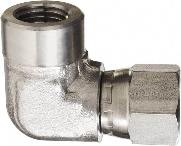 Made in USA - 3/8" Grade 316 Stainless Steel Pipe 90° Elbow - FNPT x NPSM Swivel End Connections, 4,000 psi - Exact Industrial Supply