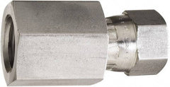 Made in USA - 1/4" Tube OD, 37° Stainless Steel Flared Tube Swivel Connector - 7/16-20 NPT, Female Flare x FNPT Ends - Exact Industrial Supply
