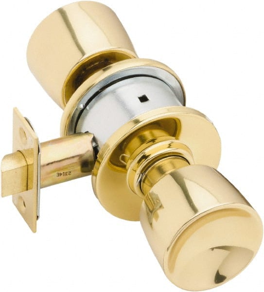 Schlage - 1-3/8 to 1-7/8" Door Thickness, Bright Brass Passage Knob Lockset - Exact Industrial Supply