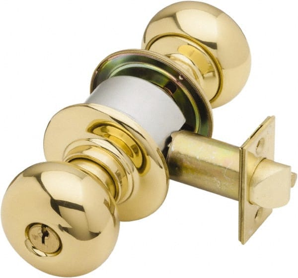 Schlage - 1-3/8 to 1-7/8" Door Thickness, Bright Brass Entrance Knob Lockset - Exact Industrial Supply