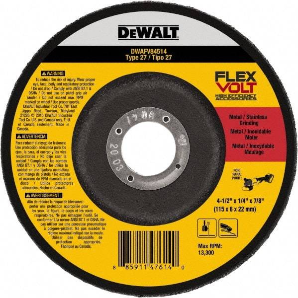 DeWALT - 4-1/2" Wheel Diam, 1/4" Wheel Thickness, 7/8" Arbor Hole, Type 27 Depressed Center Wheel - Fine/Coarse Grade, Ceramic, 13,300 Max RPM - Exact Industrial Supply