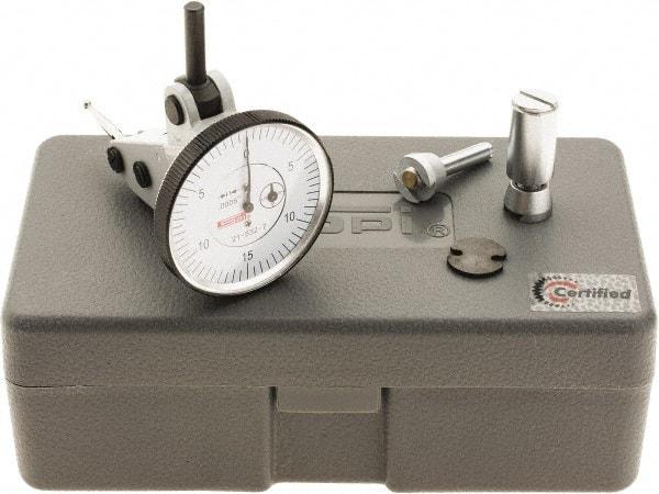 SPI - 0.06" Range, 0.0005" Dial Graduation, Vertical Dial Test Indicator - 1-1/2" White Dial, 0-15-0 Dial Reading, Accurate to 0.0012" - Exact Industrial Supply