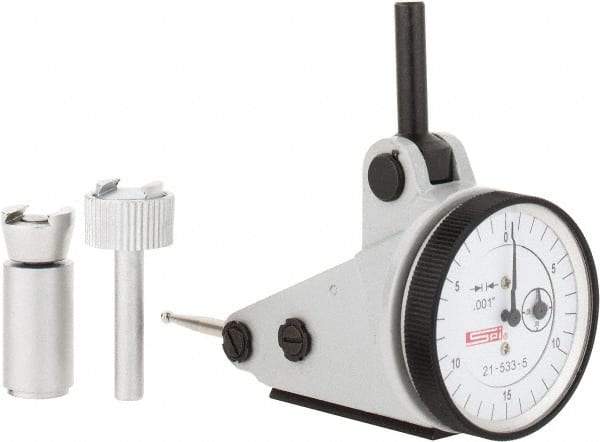 SPI - 0.06" Range, 0.001" Dial Graduation, Vertical Dial Test Indicator - 1-3/16" White Dial, 0-15-0 Dial Reading, Accurate to 0.0012" - Exact Industrial Supply
